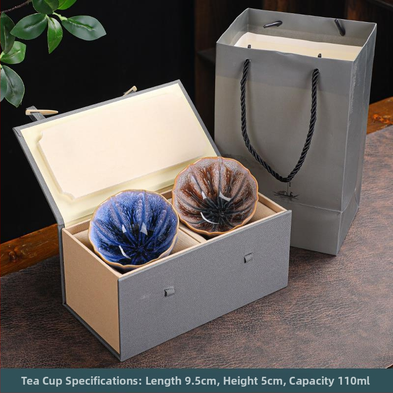 Set de cești Jianzhan pentru cuplu, ceramic Gongfu, cești Tianmu cu formă de petale, cutie cadou