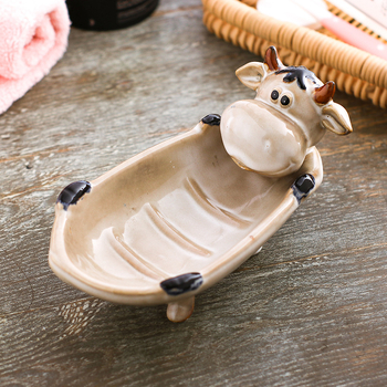 Săpunieră ceramică cu motiv animal, stil european, drenaj, dublu nivel