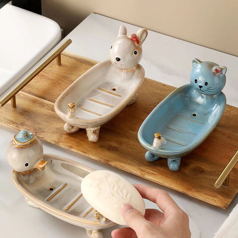 Săpunieră ceramică cu motiv animal, stil european, drenaj, dublu nivel