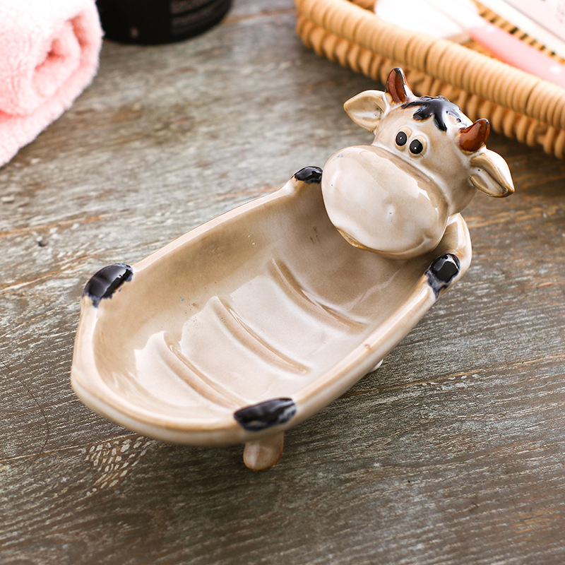 Săpunieră ceramică cu motiv animal, stil european, drenaj, dublu nivel