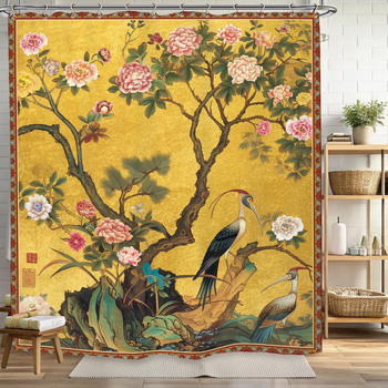 Cortină de duș vintage pentru baie, cu flori și artă vegetală chineză, poliester impermeabil, cu cârlige