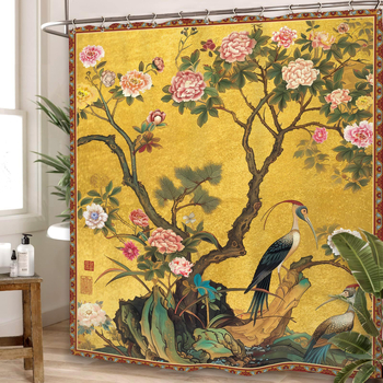 Cortină de duș vintage pentru baie, cu flori și artă vegetală chineză, poliester impermeabil, cu cârlige