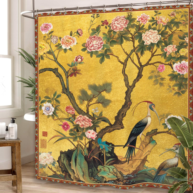 Cortină de duș vintage pentru baie, cu flori și artă vegetală chineză, poliester impermeabil, cu cârlige
