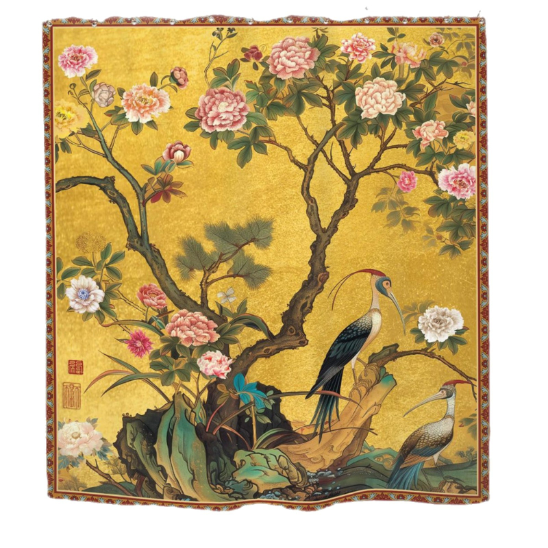 Cortină de duș vintage pentru baie, cu flori și artă vegetală chineză, poliester impermeabil, cu cârlige
