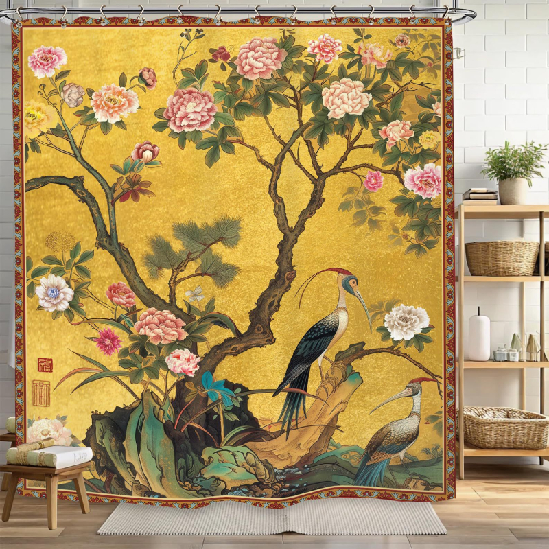 Cortină de duș vintage pentru baie, cu flori și artă vegetală chineză, poliester impermeabil, cu cârlige