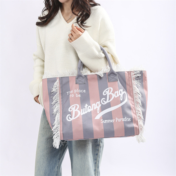 Damska platnena tote torba s prugama – velika kapaciteta, torba za rame, gradski stil