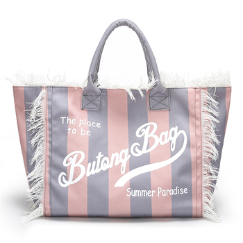 Damska platnena tote torba s prugama – velika kapaciteta, torba za rame, gradski stil