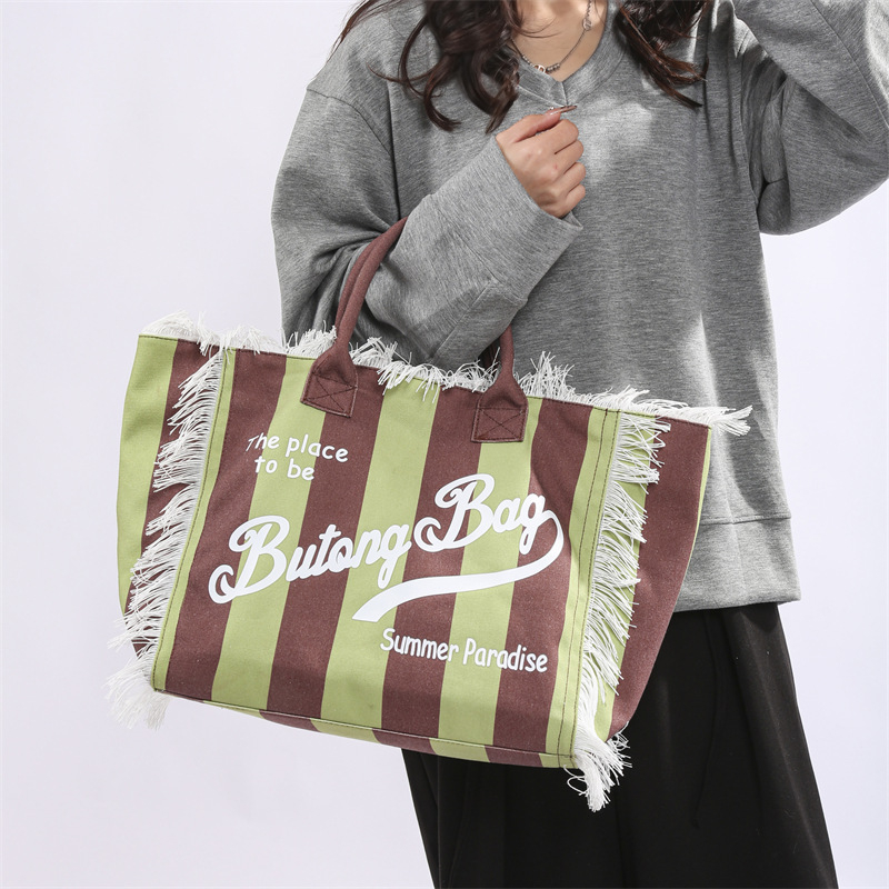 Damska platnena tote torba s prugama – velika kapaciteta, torba za rame, gradski stil