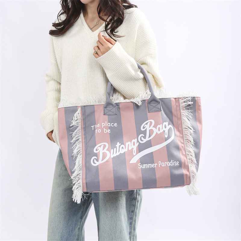 Damska platnena tote torba s prugama – velika kapaciteta, torba za rame, gradski stil