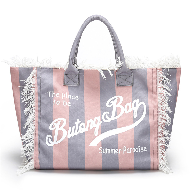 Damska platnena tote torba s prugama – velika kapaciteta, torba za rame, gradski stil