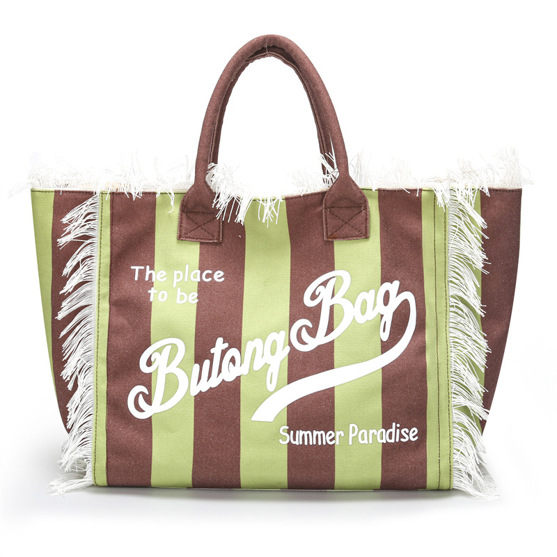 Damska platnena tote torba s prugama – velika kapaciteta, torba za rame, gradski stil