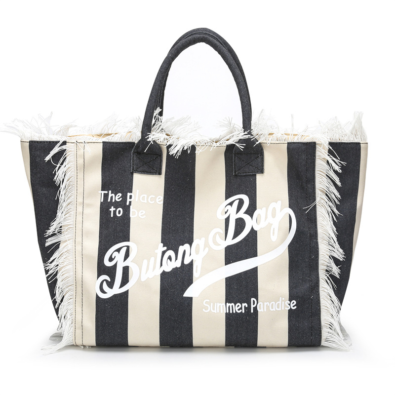 Damska platnena tote torba s prugama – velika kapaciteta, torba za rame, gradski stil