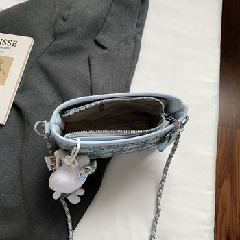 Ženska ljetna crossbody torba s kristalima i lancem, plava denim boja, školjkasti oblik, mala torba za nošenje preko ramena