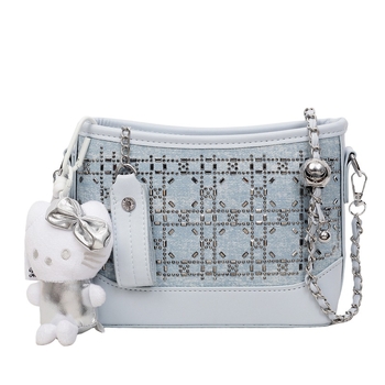 Ženska ljetna crossbody torba s kristalima i lancem, plava denim boja, školjkasti oblik, mala torba za nošenje preko ramena