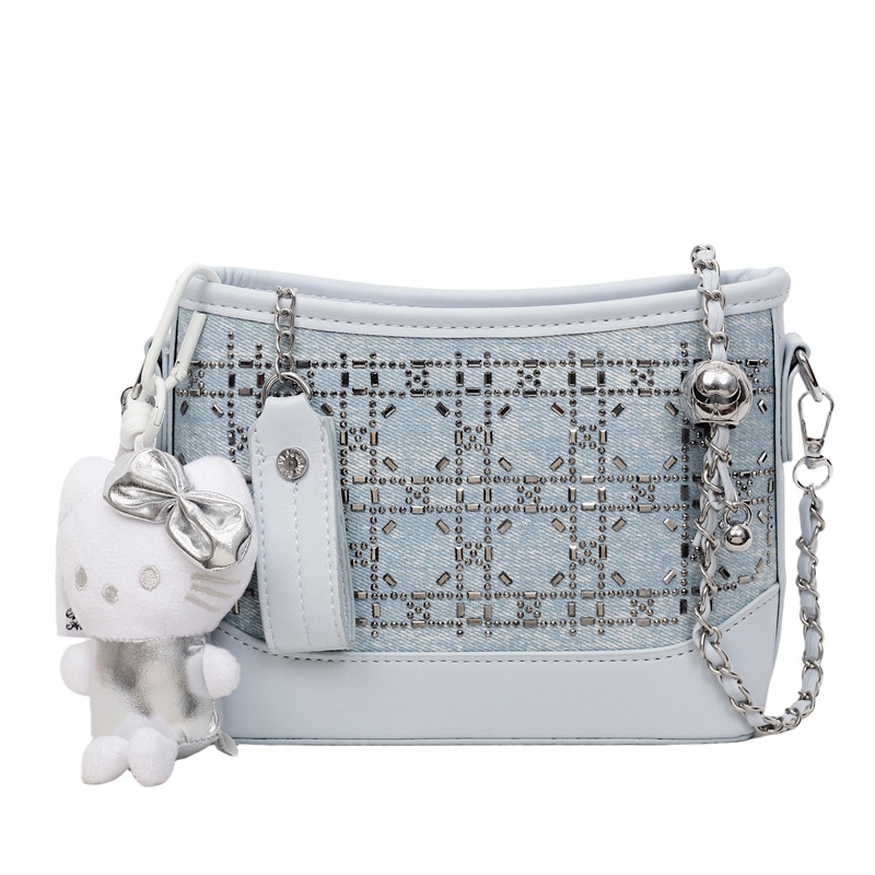 Ženska ljetna crossbody torba s kristalima i lancem, plava denim boja, školjkasti oblik, mala torba za nošenje preko ramena