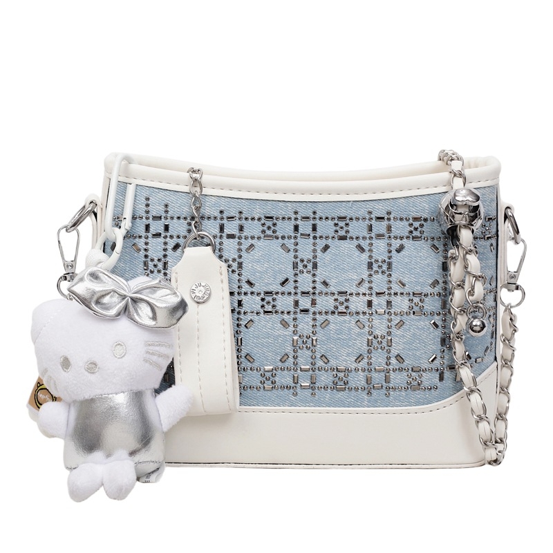 Ženska ljetna crossbody torba s kristalima i lancem, plava denim boja, školjkasti oblik, mala torba za nošenje preko ramena