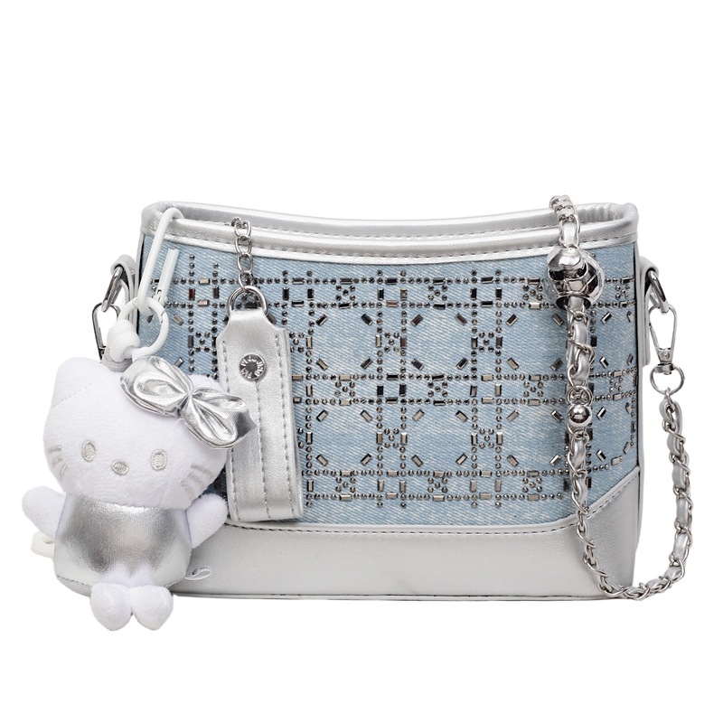 Ženska ljetna crossbody torba s kristalima i lancem, plava denim boja, školjkasti oblik, mala torba za nošenje preko ramena