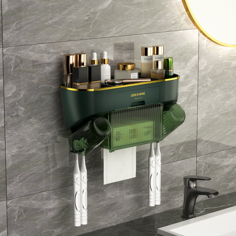 Raft de depozitare pentru periuțe de dinți și cosmetice, montaj cu ventuză pe perete, baie