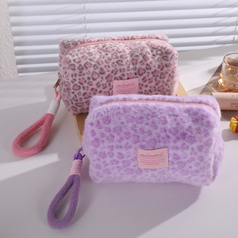 Poșetă de machiaj din pluș, cu imprimeu leopard, cu mâner, organizator portabil pentru cosmetic