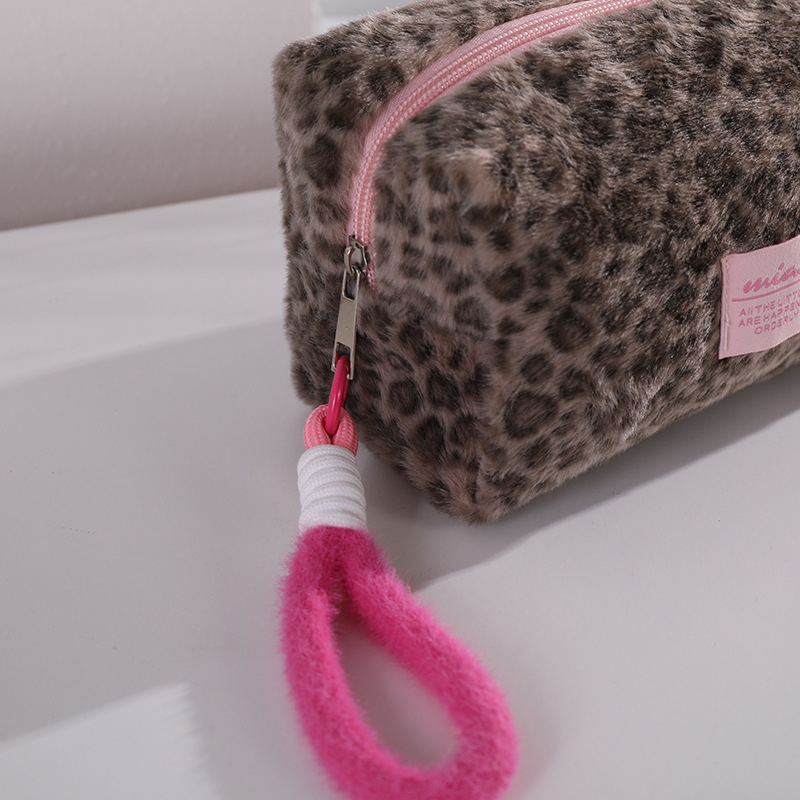Poșetă de machiaj din pluș, cu imprimeu leopard, cu mâner, organizator portabil pentru cosmetic
