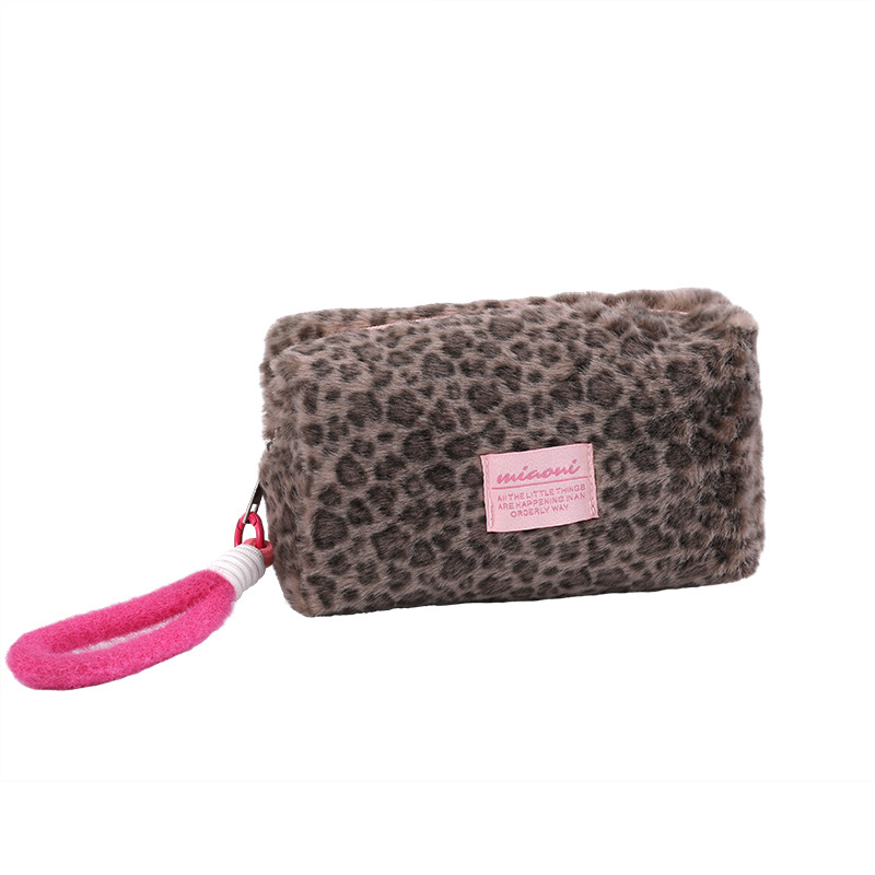 Poșetă de machiaj din pluș, cu imprimeu leopard, cu mâner, organizator portabil pentru cosmetic