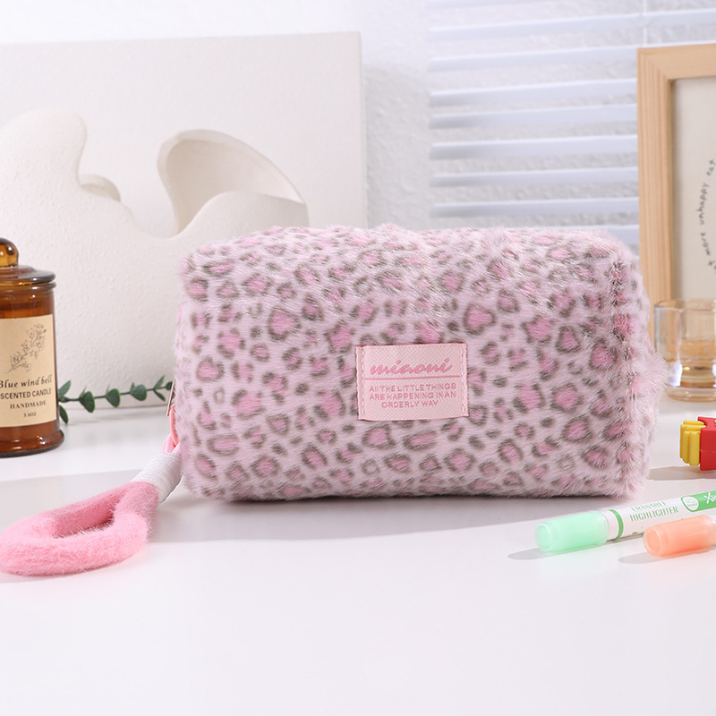 Poșetă de machiaj din pluș, cu imprimeu leopard, cu mâner, organizator portabil pentru cosmetic