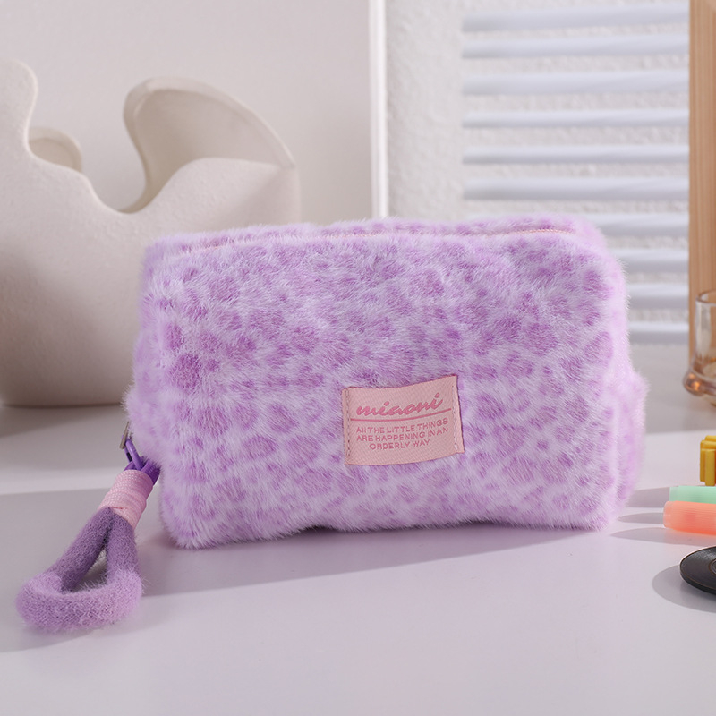Poșetă de machiaj din pluș, cu imprimeu leopard, cu mâner, organizator portabil pentru cosmetic
