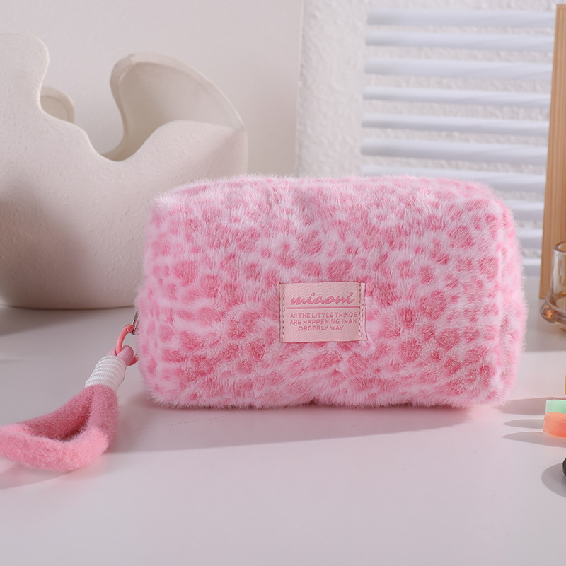 Poșetă de machiaj din pluș, cu imprimeu leopard, cu mâner, organizator portabil pentru cosmetic