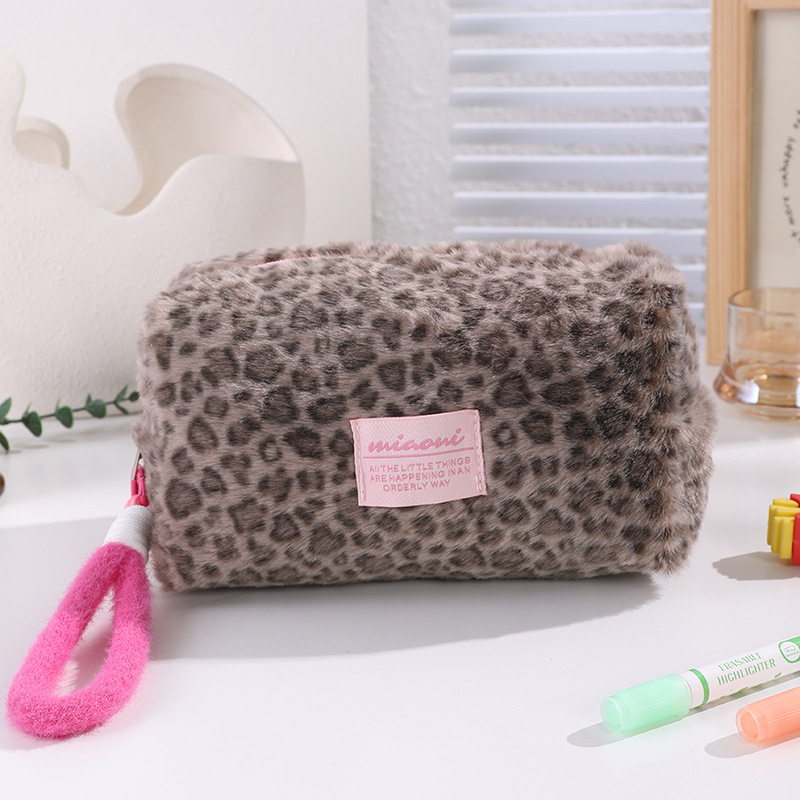 Poșetă de machiaj din pluș, cu imprimeu leopard, cu mâner, organizator portabil pentru cosmetic