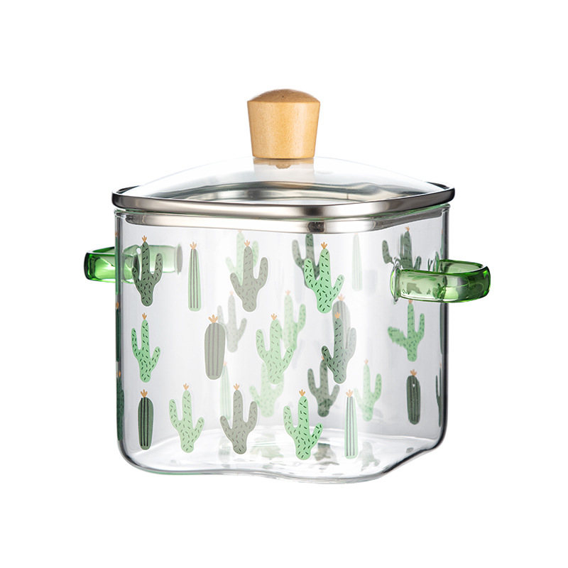 Oală de lapte din sticlă borosilikată, cu mânere duble, design transparent în formă de cactus, capac, mare capacitate, rezistentă la temperaturi înalte, fără strat de acoperire