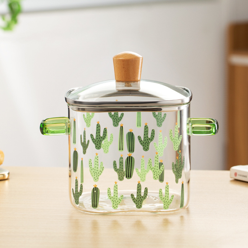 Oală de lapte din sticlă borosilikată, cu mânere duble, design transparent în formă de cactus, capac, mare capacitate, rezistentă la temperaturi înalte, fără strat de acoperire