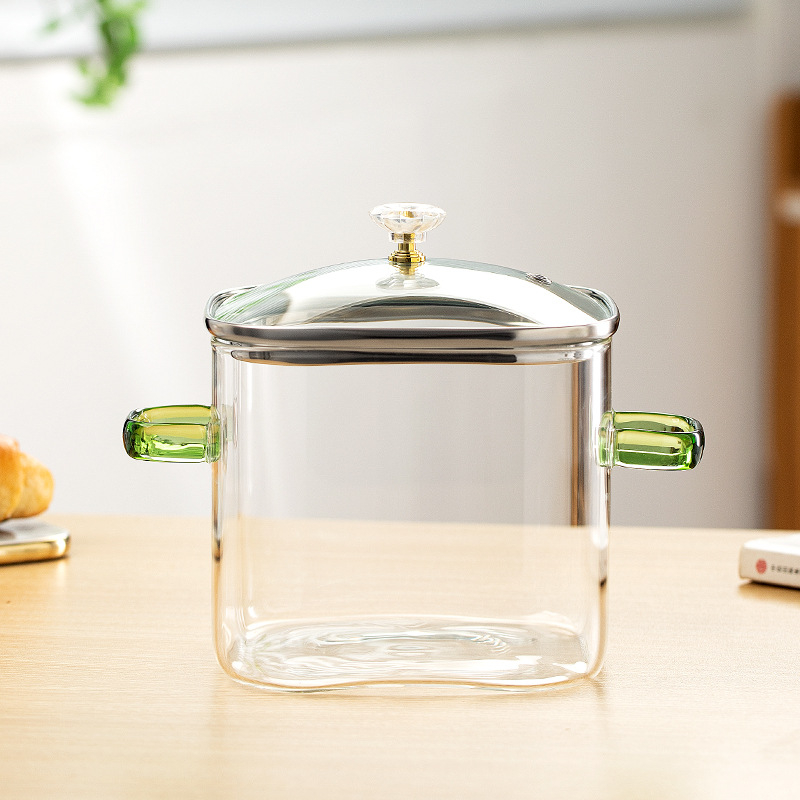 Oală de lapte din sticlă borosilikată, cu mânere duble, design transparent în formă de cactus, capac, mare capacitate, rezistentă la temperaturi înalte, fără strat de acoperire