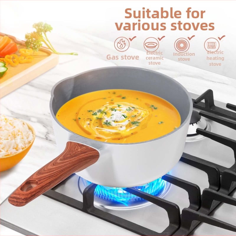 Oală mică de lapte pentru hrana bebelușului, mâner din lemn rezistent la temperatură, din aliaj de aluminiu, antiaderentă, pentru gătit terci, lapte cald și tăiței