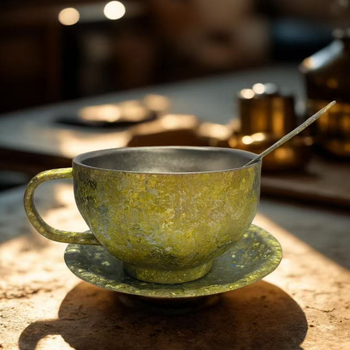 Set cești de cafea din titan pur, finisaj Aurora colorat și linguriță fluture – 3 piese