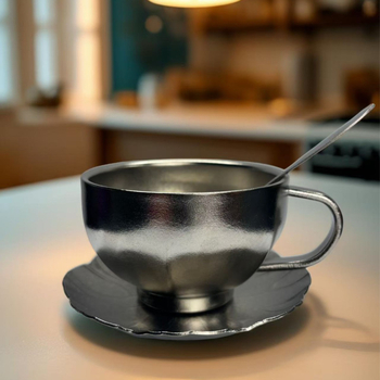 Set cești de cafea din titan pur, finisaj Aurora colorat și linguriță fluture – 3 piese
