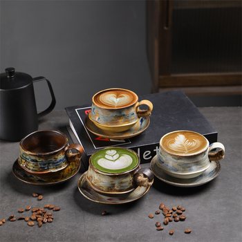 Set de cești și farfurioare din ceramică în stil japonez, retro rustic, latte art, pentru restaurante de top