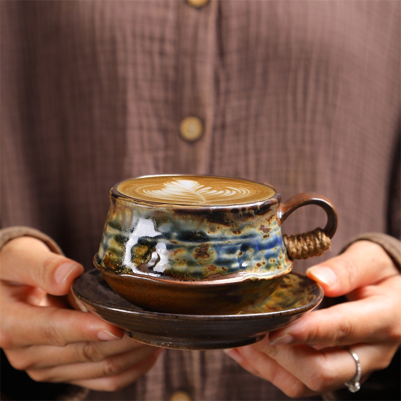 Set de cești și farfurioare din ceramică în stil japonez, retro rustic, latte art, pentru restaurante de top