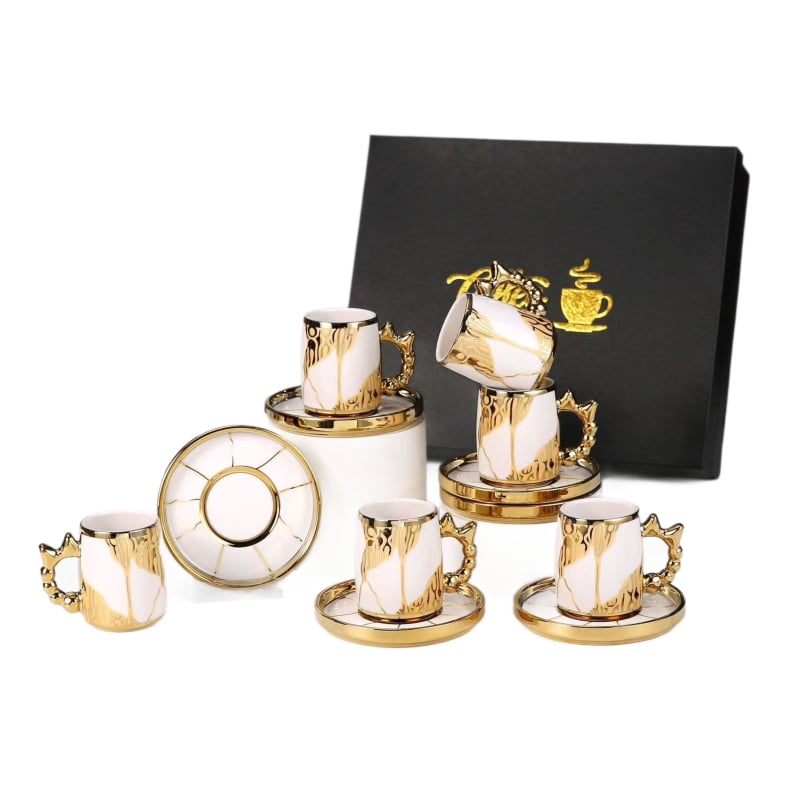 Set de cești de cafea și farfurioare cu folie de aur, stil european, 6 cești și 6 farfurioare, ceramică, pentru uz casnic, ceașcă de ceai negru