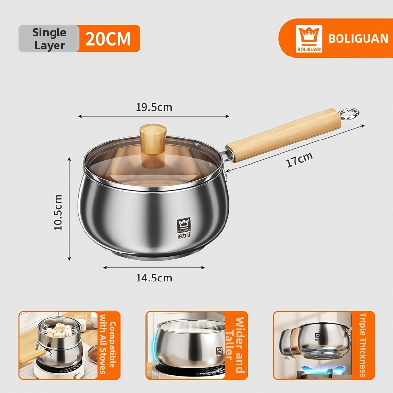 Oală de lapte din oțel inoxidabil, cu mâner unic, pentru uz casnic, cu fund gros antiaderent, aburitor, multifuncțional pentru hrana bebelușilor și supe