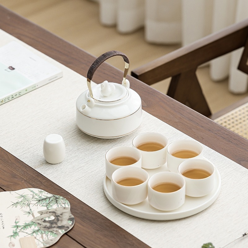 Set ceramic de ceai cu tavă, ceainic mare cu mâner și cești, cadou ideal pentru hoteluri și birouri