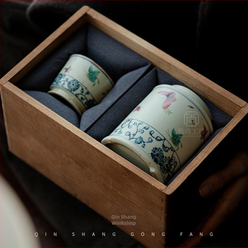 Set cadou ceramic pentru ceai, stil albastru și alb Ru Kiln: cană și recipient pentru ceai