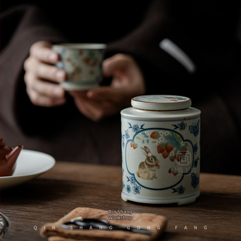 Set cadou ceramic pentru ceai, stil albastru și alb Ru Kiln: cană și recipient pentru ceai