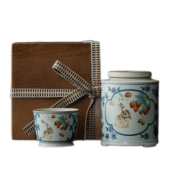 Set cadou ceramic pentru ceai, stil albastru și alb Ru Kiln: cană și recipient pentru ceai