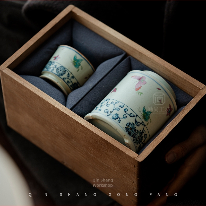 Set cadou ceramic pentru ceai, stil albastru și alb Ru Kiln: cană și recipient pentru ceai