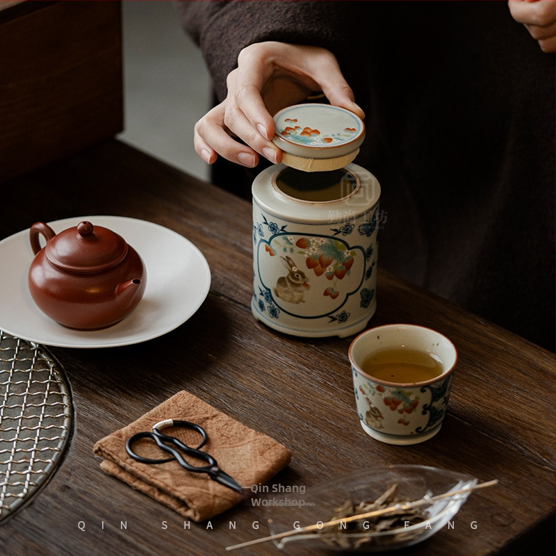 Set cadou ceramic pentru ceai, stil albastru și alb Ru Kiln: cană și recipient pentru ceai
