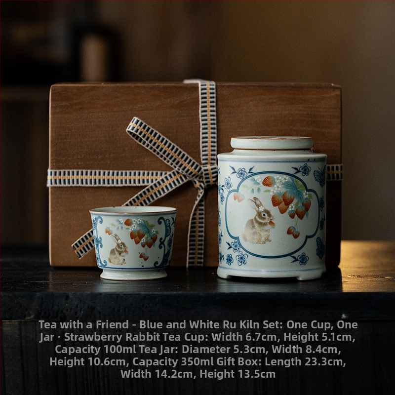 Set cadou ceramic pentru ceai, stil albastru și alb Ru Kiln: cană și recipient pentru ceai