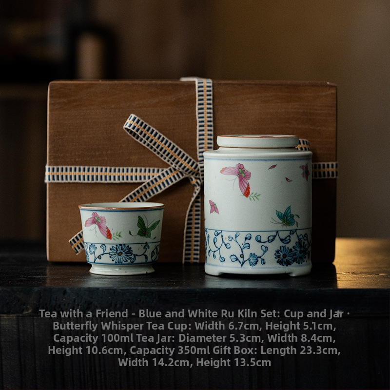 Set cadou ceramic pentru ceai, stil albastru și alb Ru Kiln: cană și recipient pentru ceai