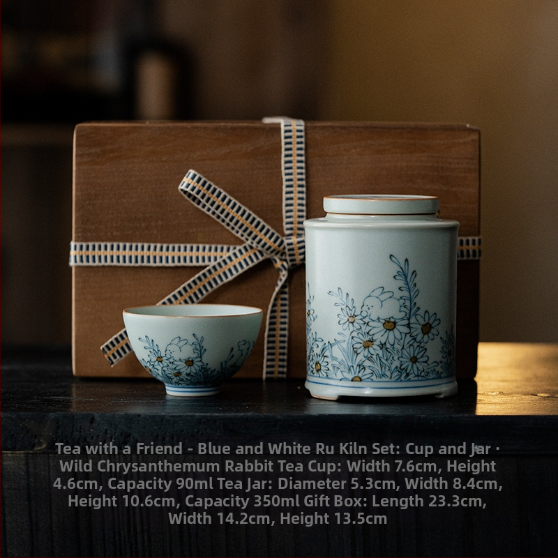 Set cadou ceramic pentru ceai, stil albastru și alb Ru Kiln: cană și recipient pentru ceai