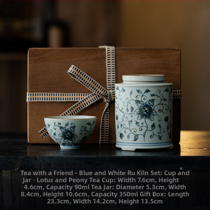 Set cadou ceramic pentru ceai, stil albastru și alb Ru Kiln: cană și recipient pentru ceai