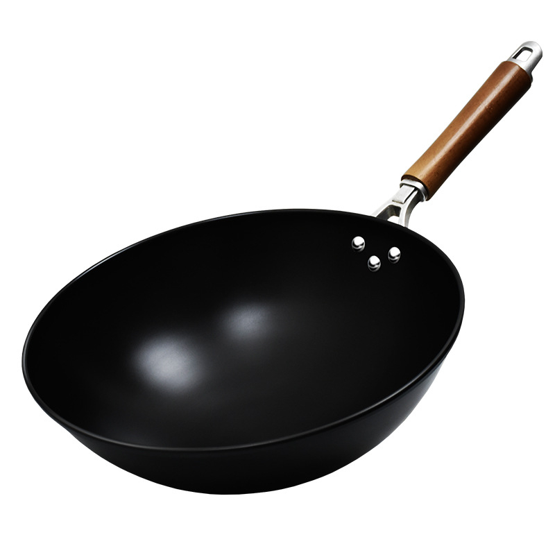 Wok tradițional fără strat, cu fund rotund, din fontă forjată, potrivit pentru aragaz cu gaz, uz casnic